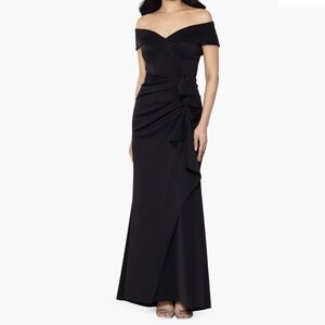 Xscape.Off the Shoulder Ruffle Scuba Crepe Gown.